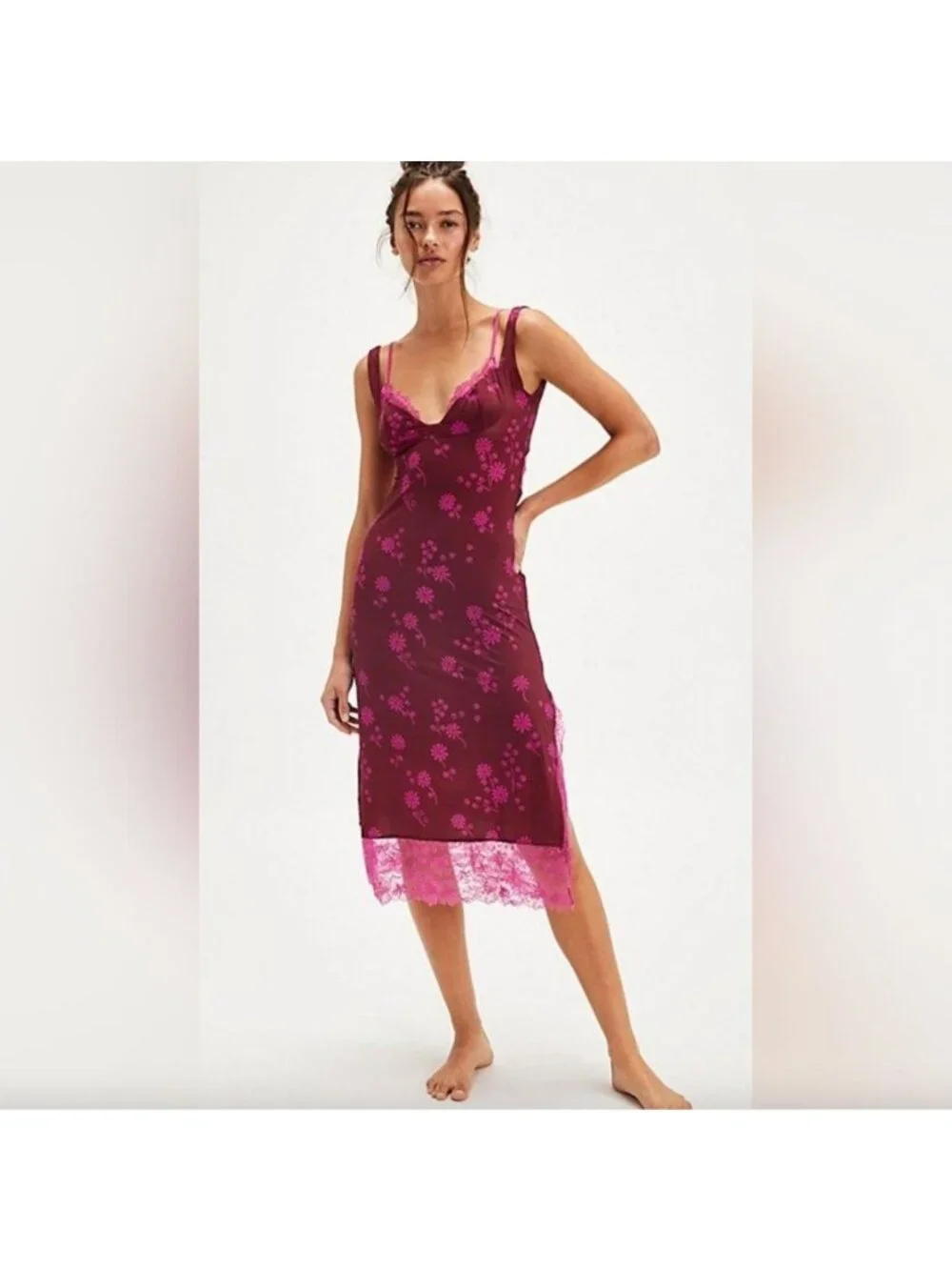 Free People Party Crusher Midi Dress M Plum Floral Lace Slip Coquette Feminine G